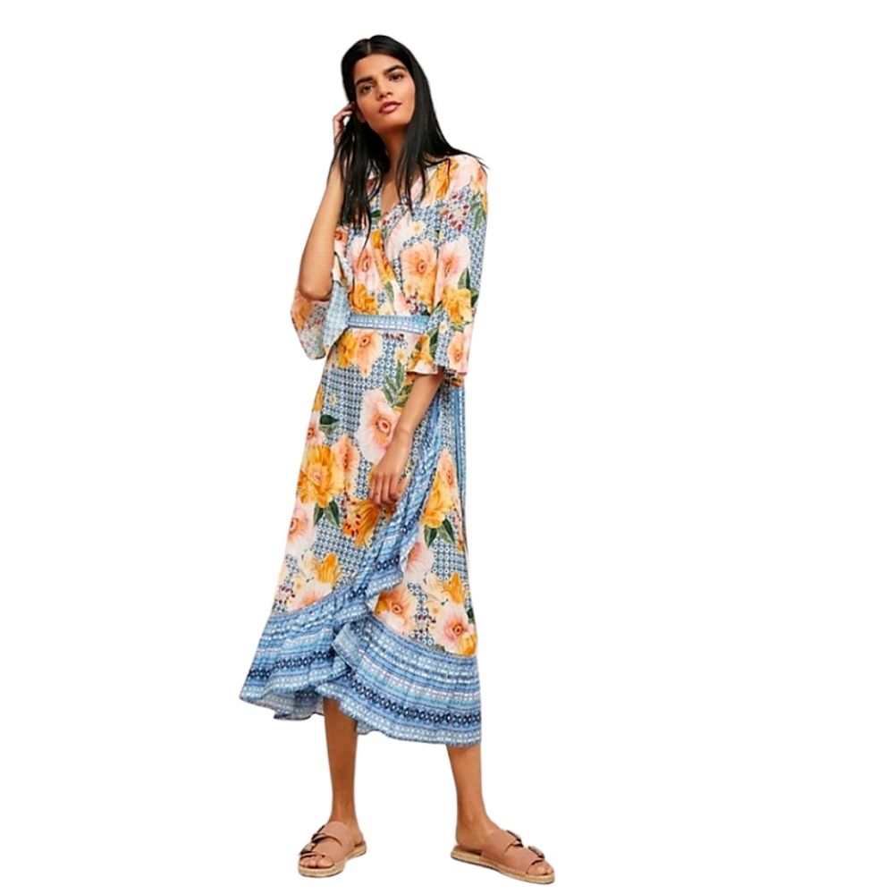 FARM Rio Floral Maxi Dress - Blue and Orange
